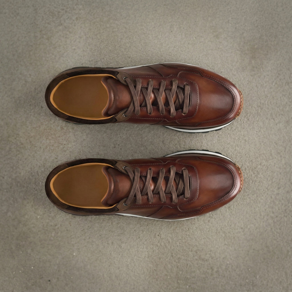 Dark Brown Leather Nausori Lace Up Running Sneaker Shoes