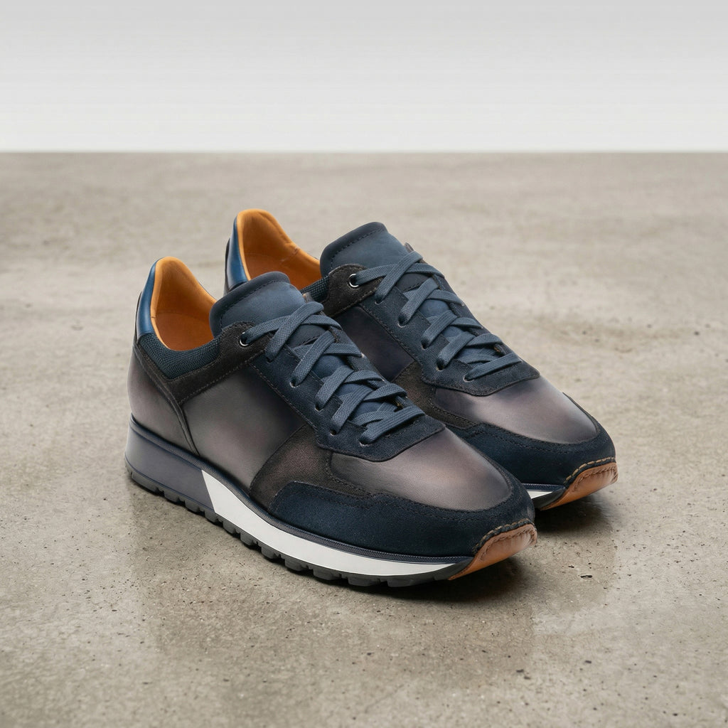 Height Increasing Navy Blue Suede and Grey Leather Nausori Lace Up Running Sneaker Shoes