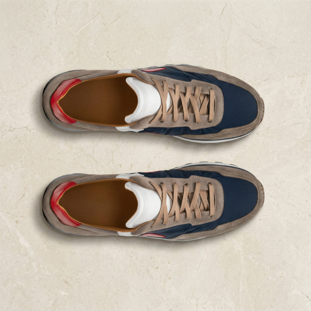 Height Increasing Tan Suede and Navy Blue Laivai Lace Up Running Sneaker Shoes