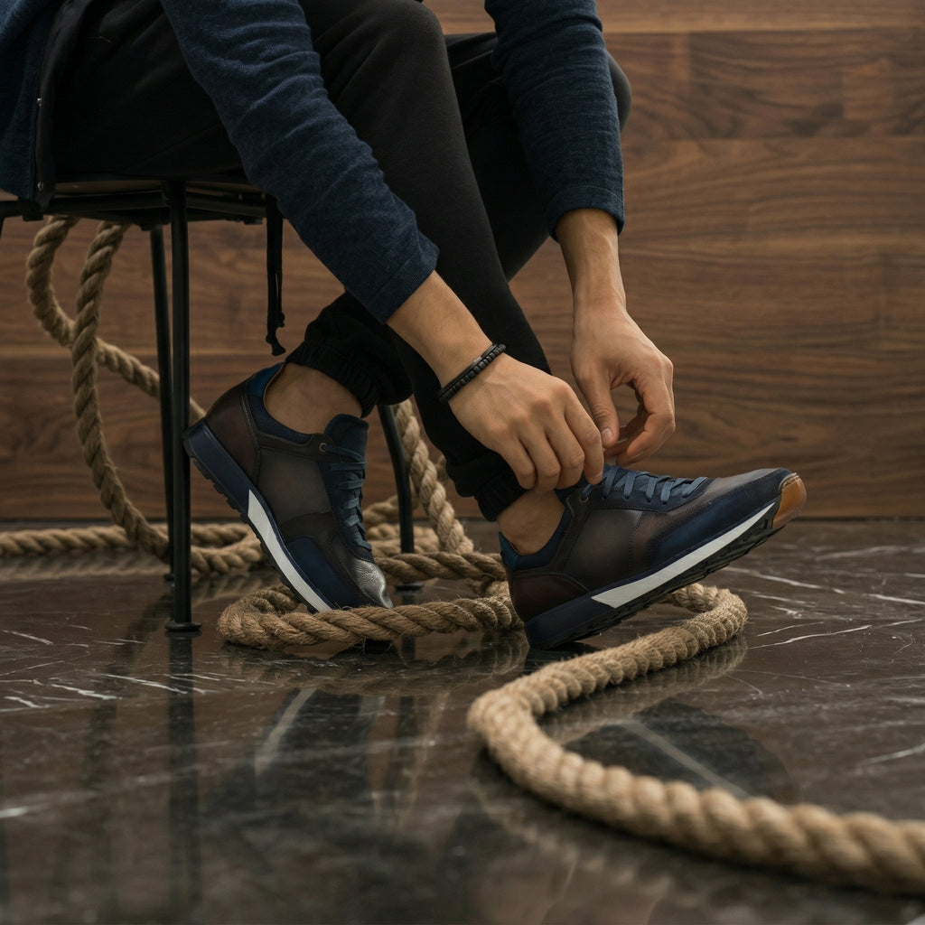 Height Increasing Navy Blue Suede and Grey Leather Nausori Lace Up Running Sneaker Shoes