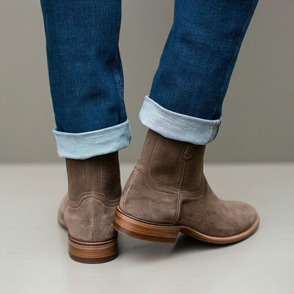 Height Increasing Beige Suede Bastrop Slip On Zipper Western Cowboy Boots - AW24