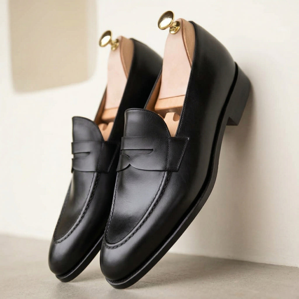 Height Increasing Black Leather Malaga Penny Loafers