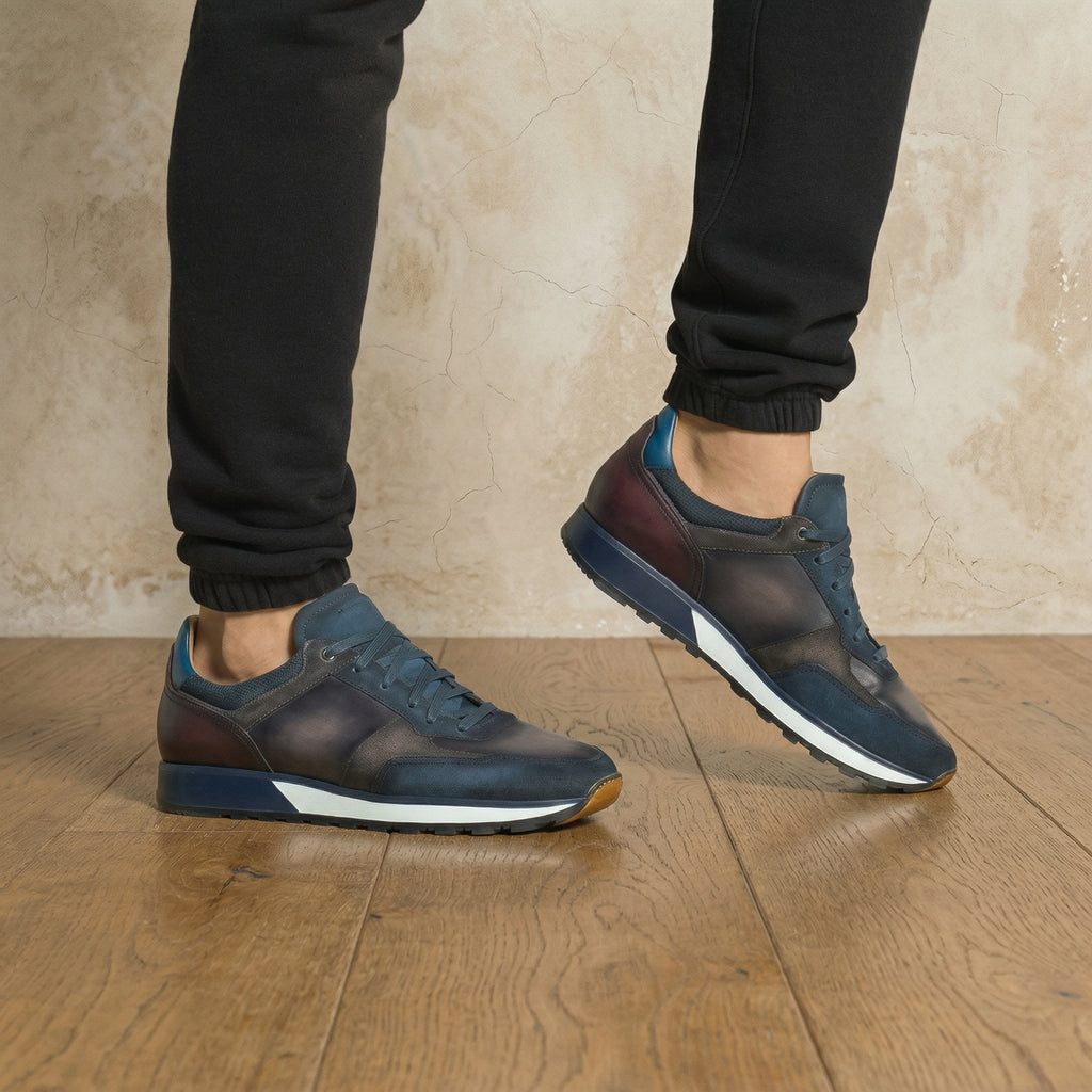 Height Increasing Navy Blue Suede and Grey Leather Nausori Lace Up Running Sneaker Shoes