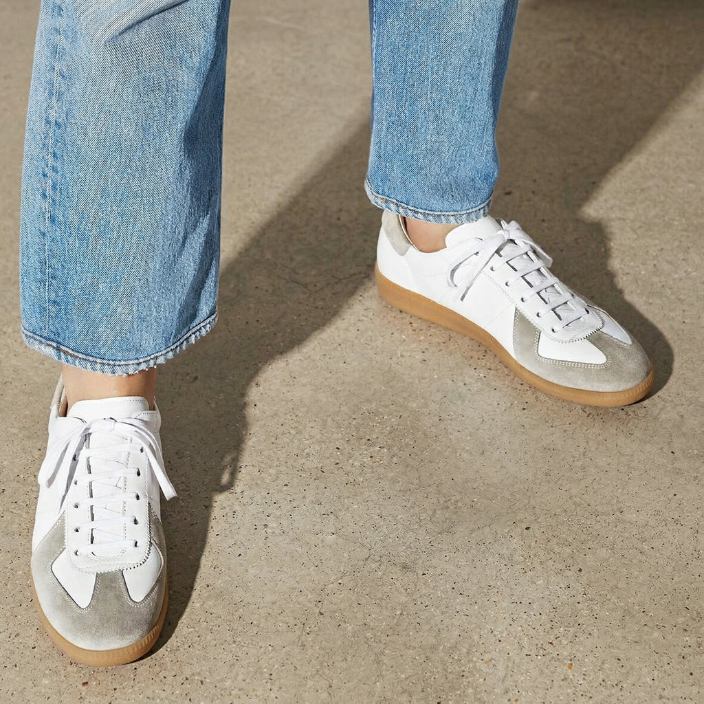 White Leather and Grey Suede Devin Lace Up Sneakers - Summer 2024 Collection