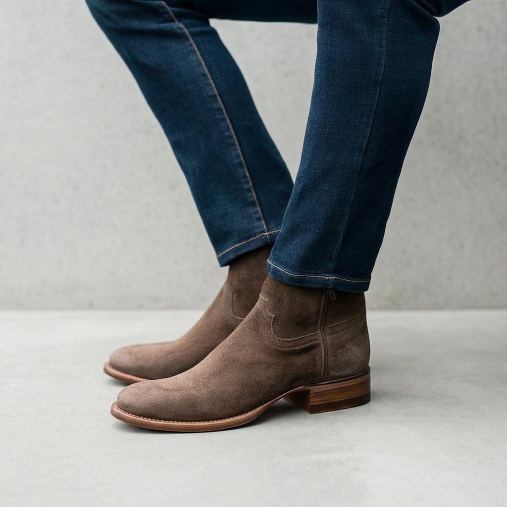 Beige Suede Bastrop Slip On Zipper Western Cowboy Boots - AW24 - ITALIAN AW26
