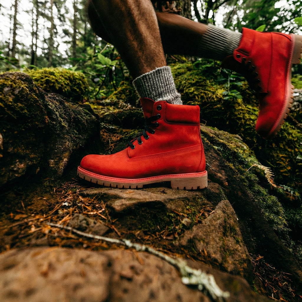 Red Nubuck Leather Selvaggio Ankle Lace Up Combat Hiking Boots with Chunky Track Sole