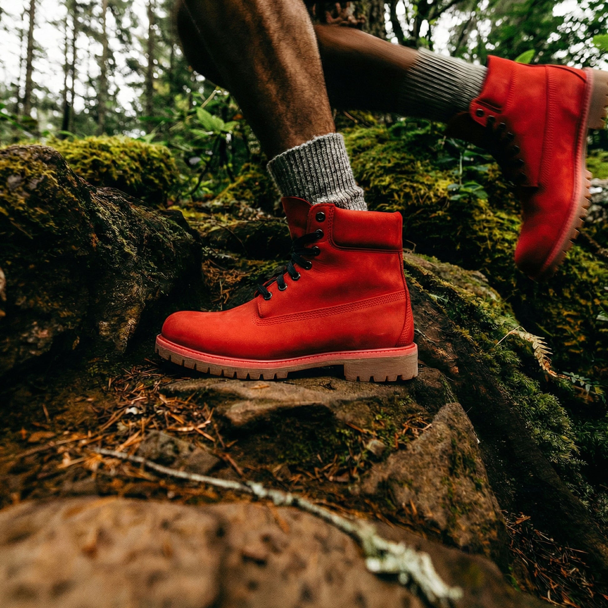 Red Nubuck Leather Selvaggio Ankle Lace Up Combat Hiking Boots with Chunky Track Sole