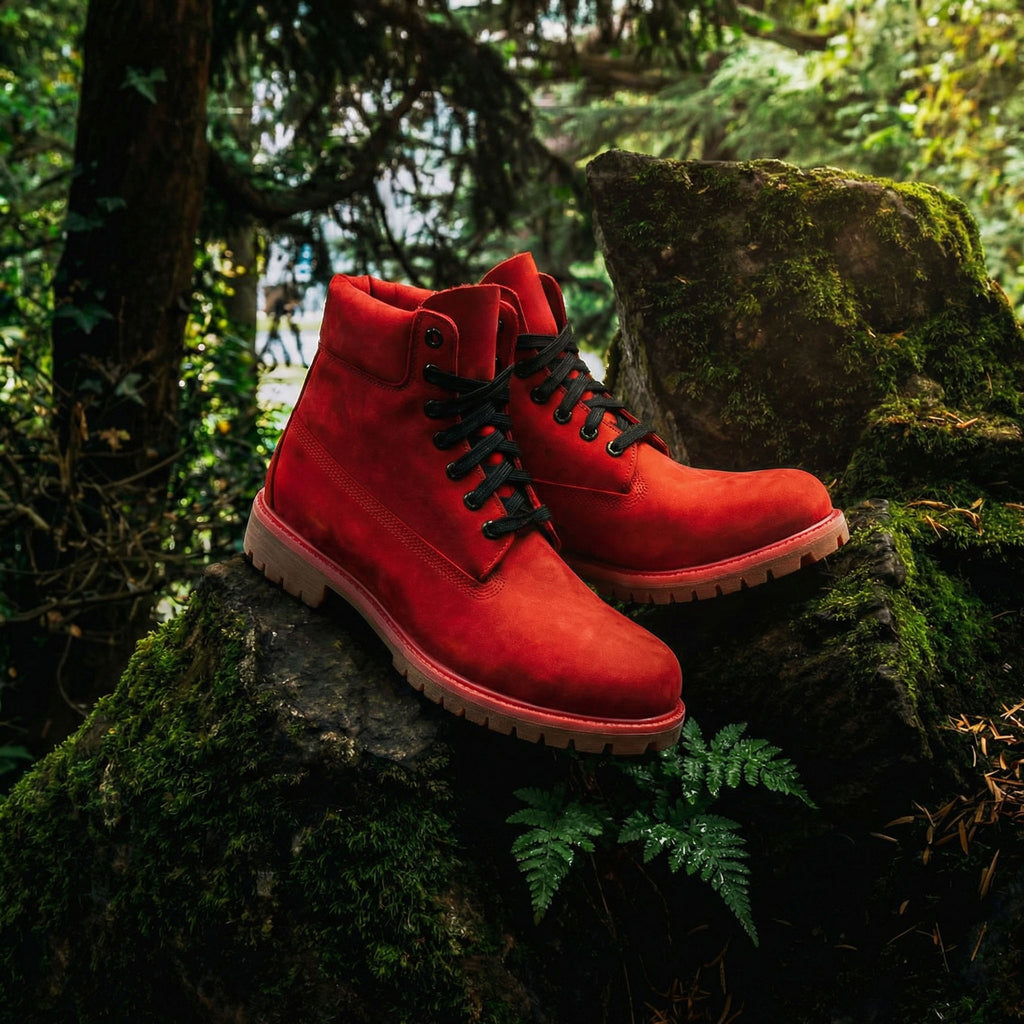 Red Nubuck Leather Selvaggio Ankle Lace Up Combat Hiking Boots with Chunky Track Sole