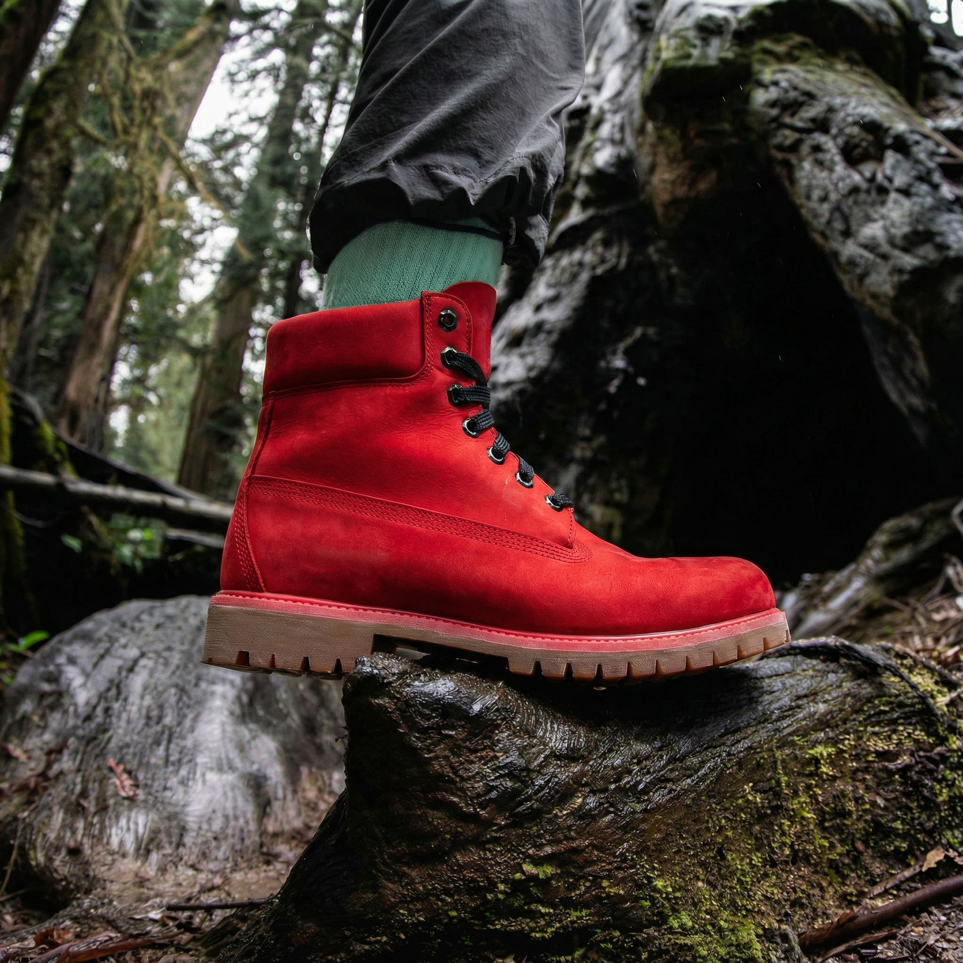 Red Nubuck Leather Selvaggio Ankle Lace Up Combat Hiking Boots with Chunky Track Sole