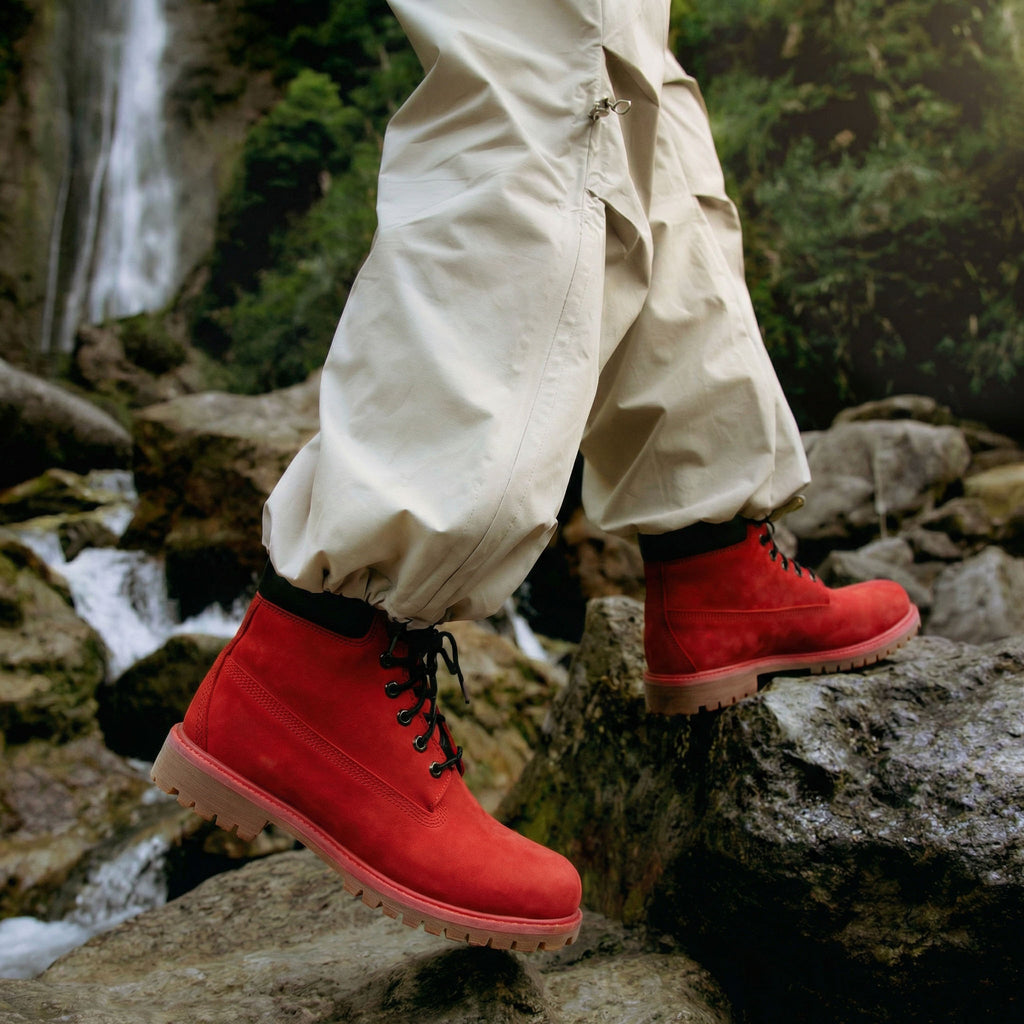 Red Nubuck Leather Selvaggio Ankle Lace Up Combat Hiking Boots with Chunky Track Sole