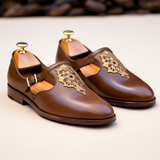 Brown Leather Embroidery Work Peshawari Loafers | Wedding Shoes for Groom | Shoes for Haldi Mehendi Sangeet - Wedding Essentials