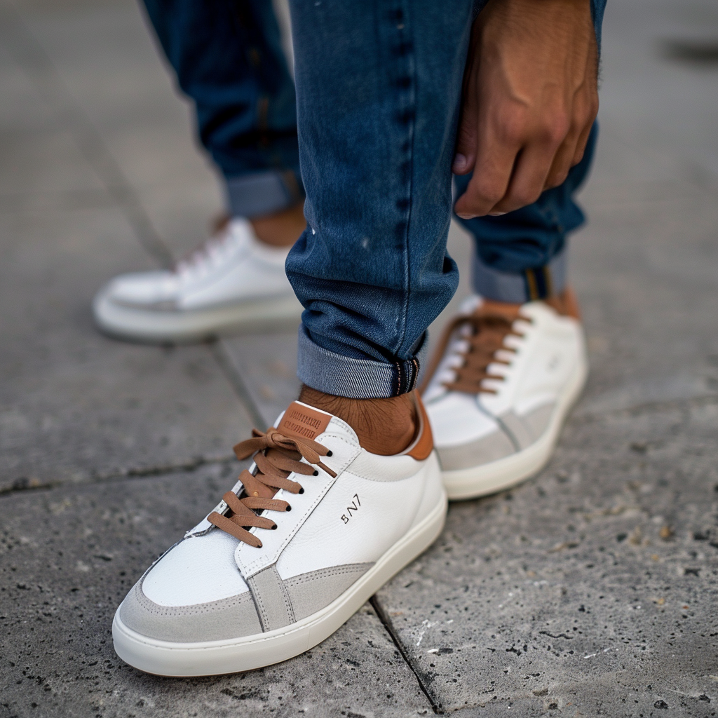 Grey & White Leather Brown Lace-Up Sneakers with White Sole - Summer 2024 Collection