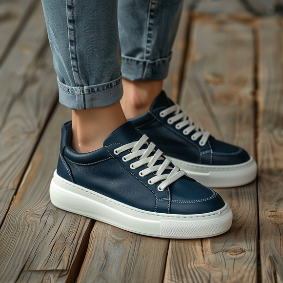 Navy Blue Leather Elite Lace-Up Sneakers with White Sole - Summer 2024 Collection