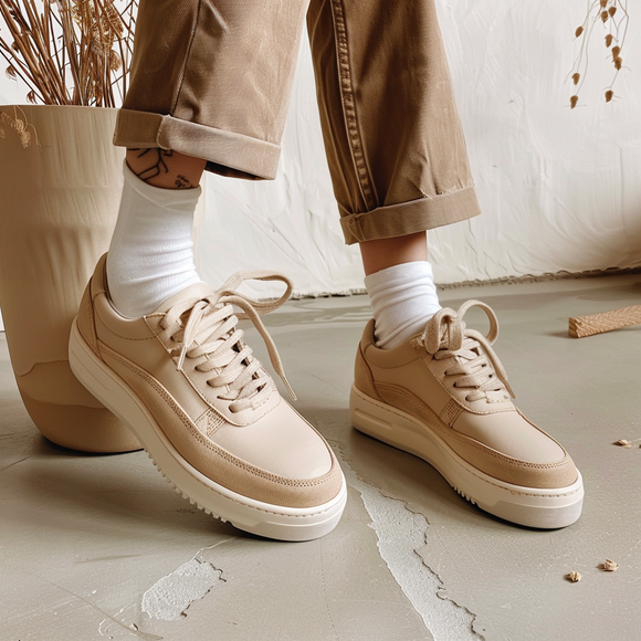 Beige Leather Sage Slip Lace-Up Sneaker with Off-White Sole - Summer 2024 Collection