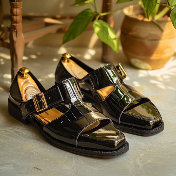 Black Patent Leather Peshawari Loafers | Wedding Shoes for Groom | Shoes for Haldi Mehendi Sangeet