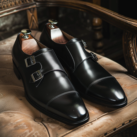 Black Leather Diamond Monk Strap Shoes - SUMMER 2024 COLLECTION
