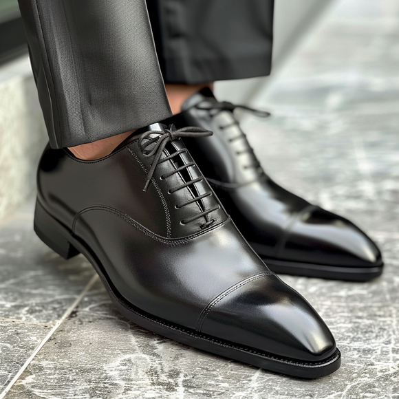 Black Leather Pointed Toe Cap Lace-Up Oxford Shoe - Summer 2024 Collection