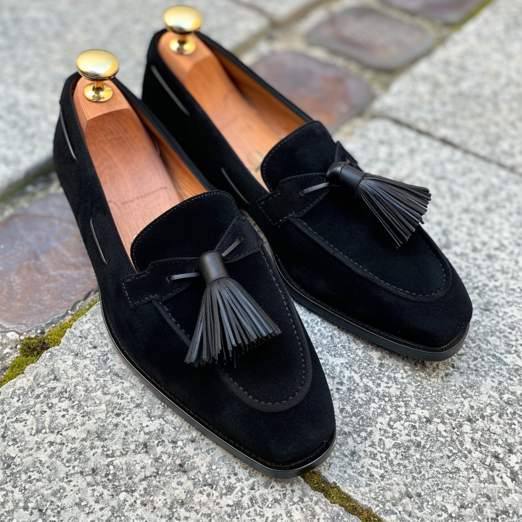 Handcrafted Black Suede Tassel Loafers with Chunky Soles
