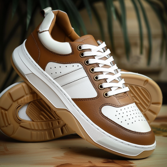 Brown & White Leather with Low Top Swift Sneak Lace-Up Sneakers with White Sole - Summer 2024 Collection