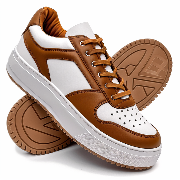 Brown & White Leathe Lace-Up Sneakers with White Sole - Summer 2024 Collection