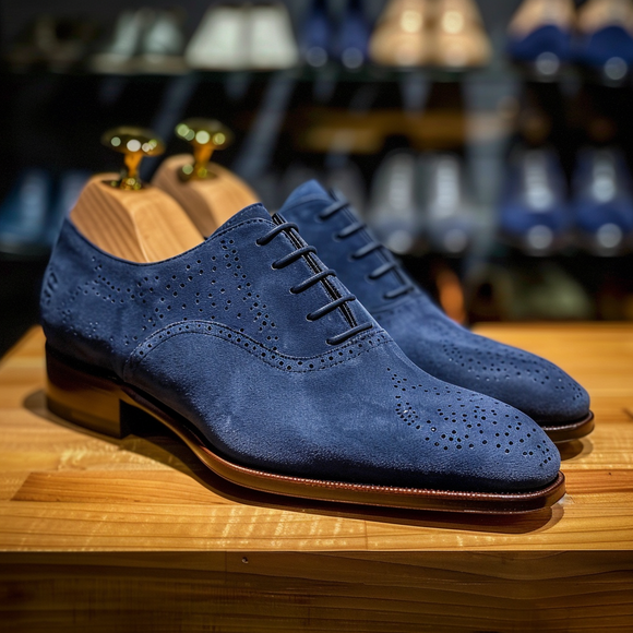 Navy Blue Suede Leather Prestige Pace Brogue Oxfords Shoes - Summer 2024 Collection