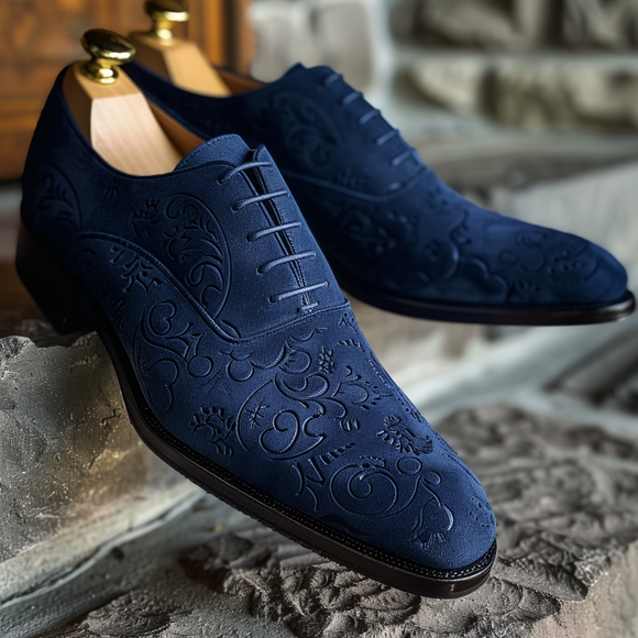 Navy Blue Suede Leather Sharp Step Brogue Oxfords Shoes - Summer 2024 Collection