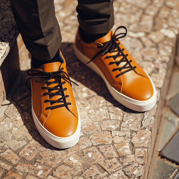 Tan Leather Urban Stride Lace-Up Sneakers with White Sole - Summer 2024 Collection