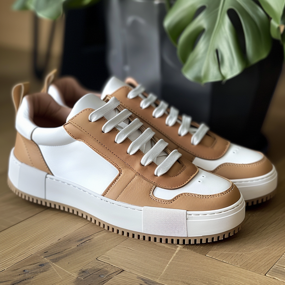 Tan & White Suede Leather Forest Flair Lace-Up Sneakers with White Sole - Summer 2024 Collection