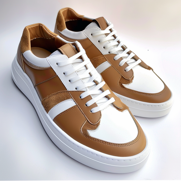 Brown & White Leathe Foot Fashion Lace-Up Sneakers with White Sole - Summer 2024 Collection