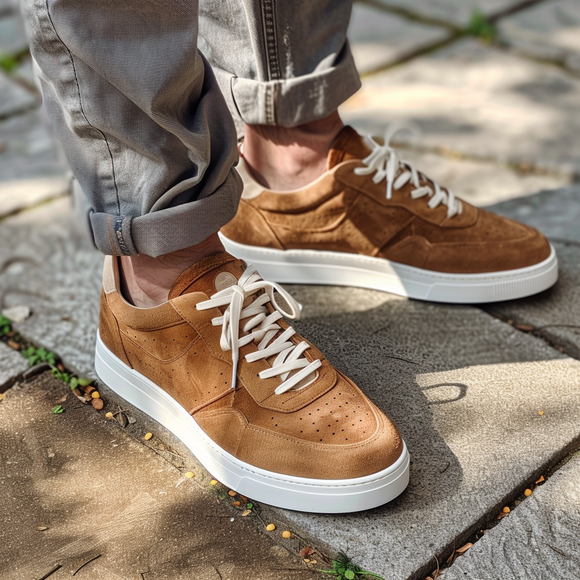 Tan Suede Leather Savvy Lace-Up Sneakers with White Sole - Summer 2024 Collection
