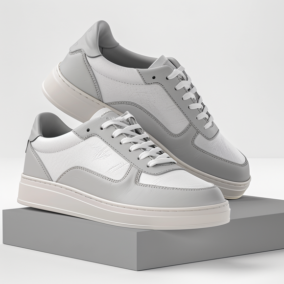 Grey & White Leather Mint Lace-Up Sneakers with White Sole - Summer 2024 Collection