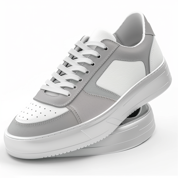 Grey & White Leather Street Sprint Lace-Up Sneakers with White Sole - Summer 2024 Collection