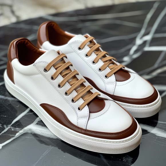 Brown & White Leather Olive Lace-Up Sneakers with White Sole - Summer 2024 Collection