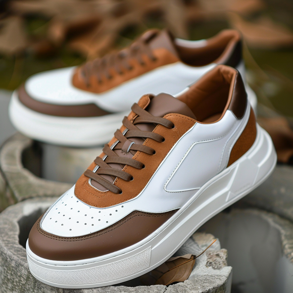 White & Brown Suede Leather Savvy Lace-Up Sneakers with White Sole - Summer 2024 Collection