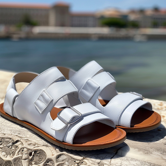 White Leather Xenia Slip On Buckle Sandal - Summer 2024 Collection