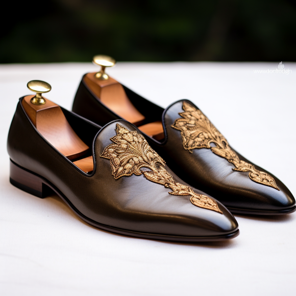 Brown Leather Embroidery Work Peshawari Loafers | Wedding Shoes for Groom | Shoes for Haldi Mehendi Sangeet - Wedding Essentials