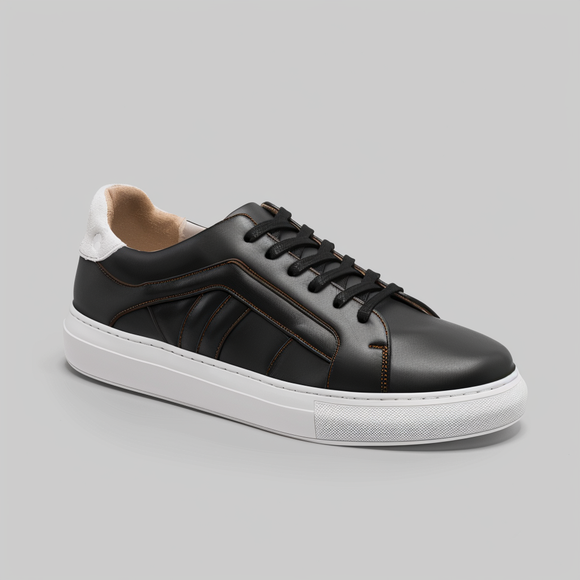 Black Leather  Lace Up Crystal Crest Sneakers  With White Sole - Summer 2024 Collection
