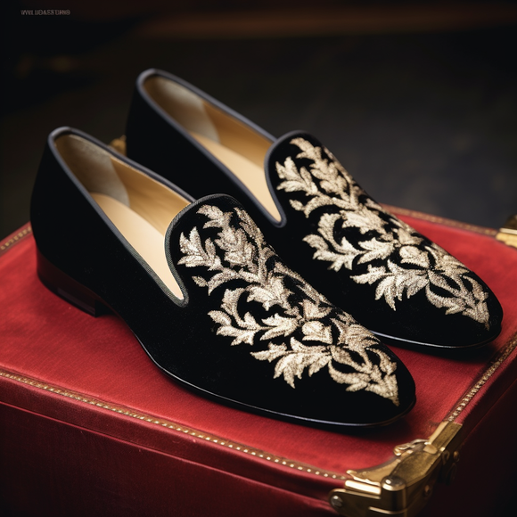 Black Velvet Hand Work Zardozi Peshawari Loafers | Wedding Shoes for Groom | Shoes for Haldi Mehendi Sangeet
