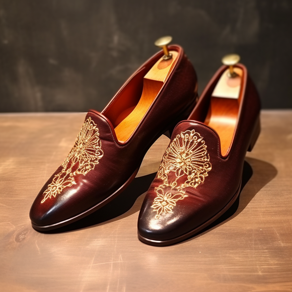 Burgundy Leather Embroidery Work Peshawari Loafers | Wedding Shoes for Groom | Shoes for Haldi Mehendi Sangeet