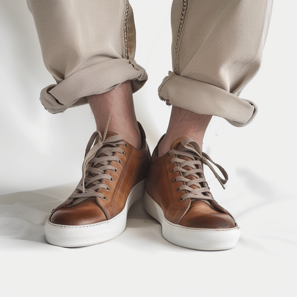 Tan  Leather  Lace Up AlabasterRun Sneakers  With White Sole - Summer 2024 Collection