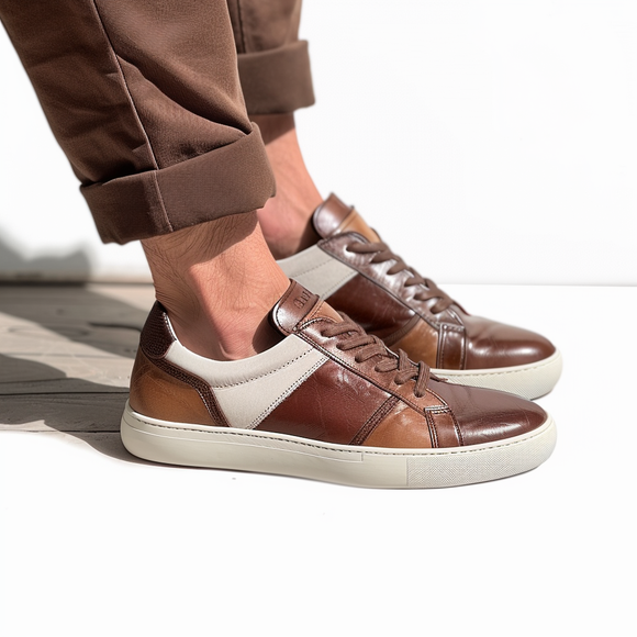 Brown & White Leather  Lace Up Sneakers - Summer 2024 Collection