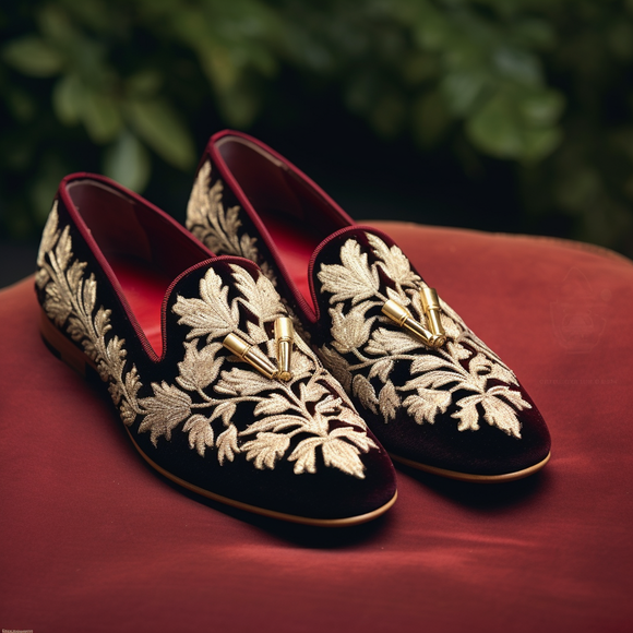 Wine Velvet Embroidery Work Peshawari Loafers | Wedding Shoes for Groom | Shoes for Haldi Mehendi Sangeet