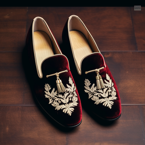 Wine Velvet Peshawari Loafers | Wedding Shoes for Groom | Shoes for Haldi Mehendi Sangeet