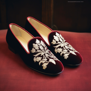 Wine Velvet Embroidery Work Peshawari Loafers | Wedding Shoes for Groom | Shoes for Haldi Mehendi Sangeet