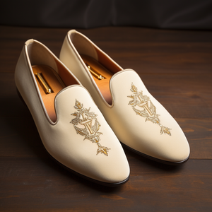 White Velvet Embroidery Work Peshawari Loafers | Wedding Shoes for Groom | Shoes for Haldi Mehendi Sangeet