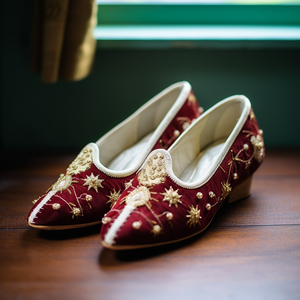 Red Velvet Hand Work Zardozi Peshawari Loafers | Wedding Shoes for Groom | Shoes for Haldi Mehendi Sangeet
