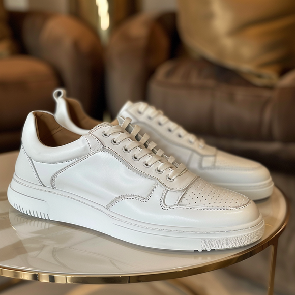 White Leather Lace Up Sneakers  with White Sole - Summer 2024 Collection