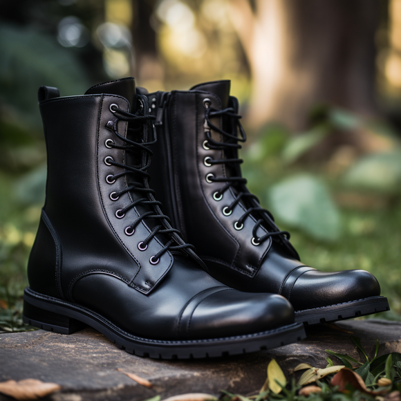 Black Leather Belinda Chunky Hiking Combat Lace Up Zipper Boots