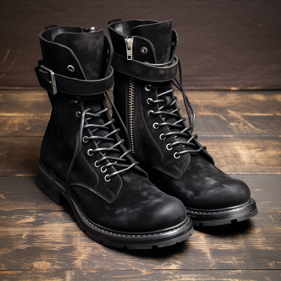 Black Suede Silvana Lace Up Zipper Derby Boots with Track Sole - AW24