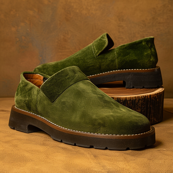 Green Suede Leather Royal Look Slip-On Loafers - Summer 2024 Collection